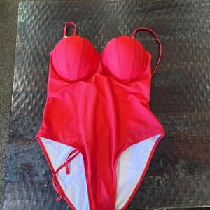 Red one piece swimsuit with adjustable straps